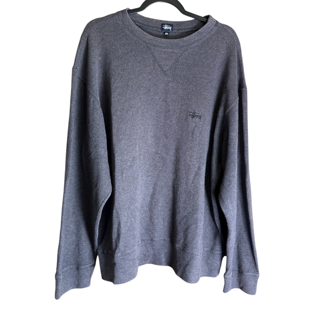 Stussy Mens XL Charcoal Grey Thermal Ribbed Crewneck Logo - Picture 3 of 8
